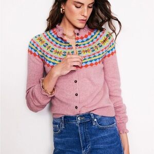 LIKE NEW Boden- Fae Fair Isle Frilled Cardigan, Old Rose Pink